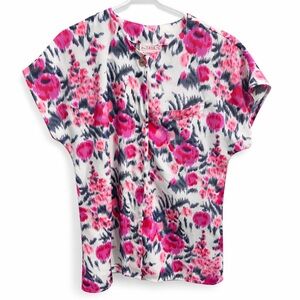 Pink and Gray Ruched Blouse with Mandarin Collar